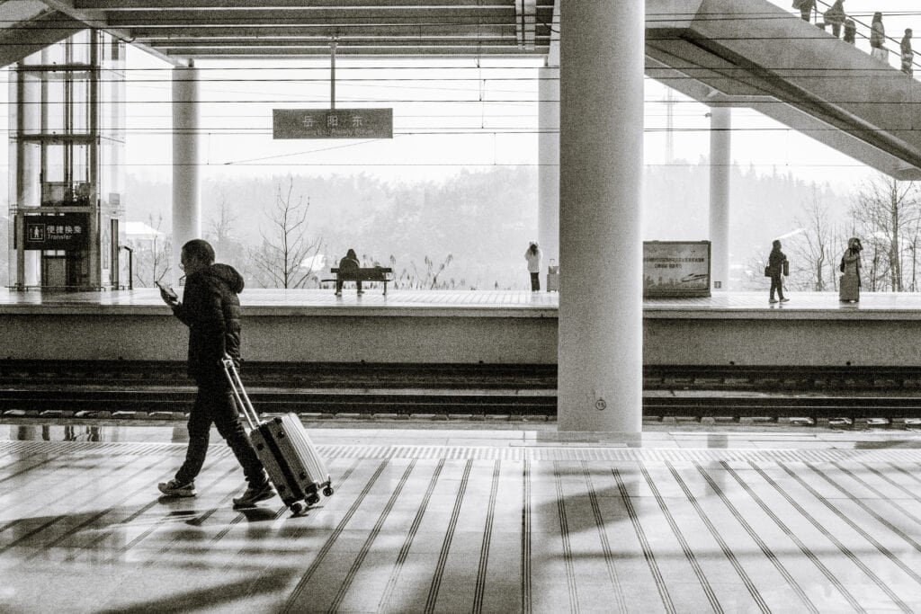 Train station, passengers, platforms, people, china, black and white