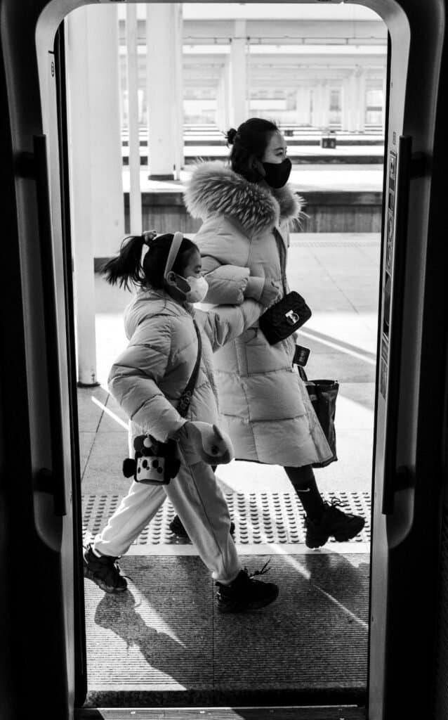 Train, mum and dad, people, china, black and white, train tracks, woman