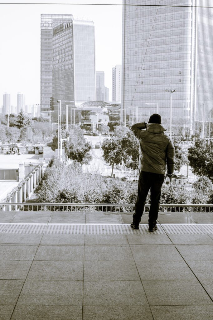 Countryside, black and white, china, train window platform, city, buildings
