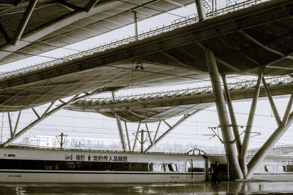 Countryside, black and white, china, train window platform, roof