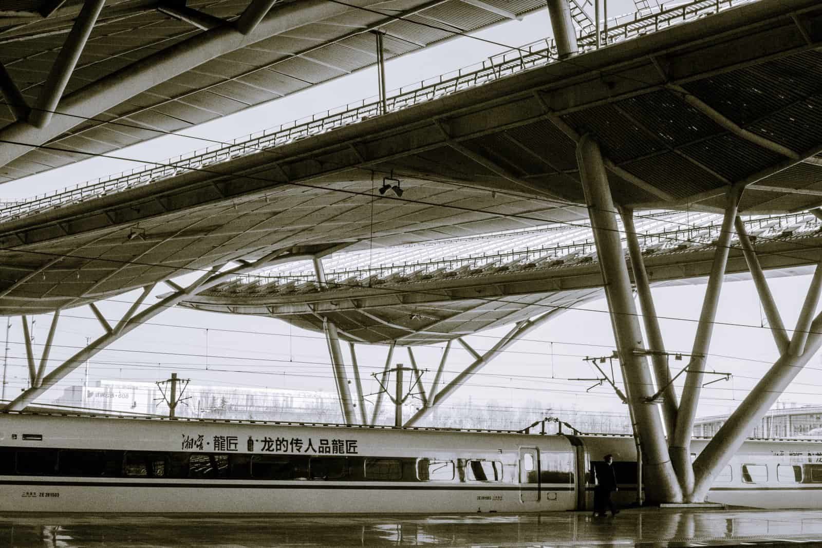 Countryside, black and white, china, train window platform, roof