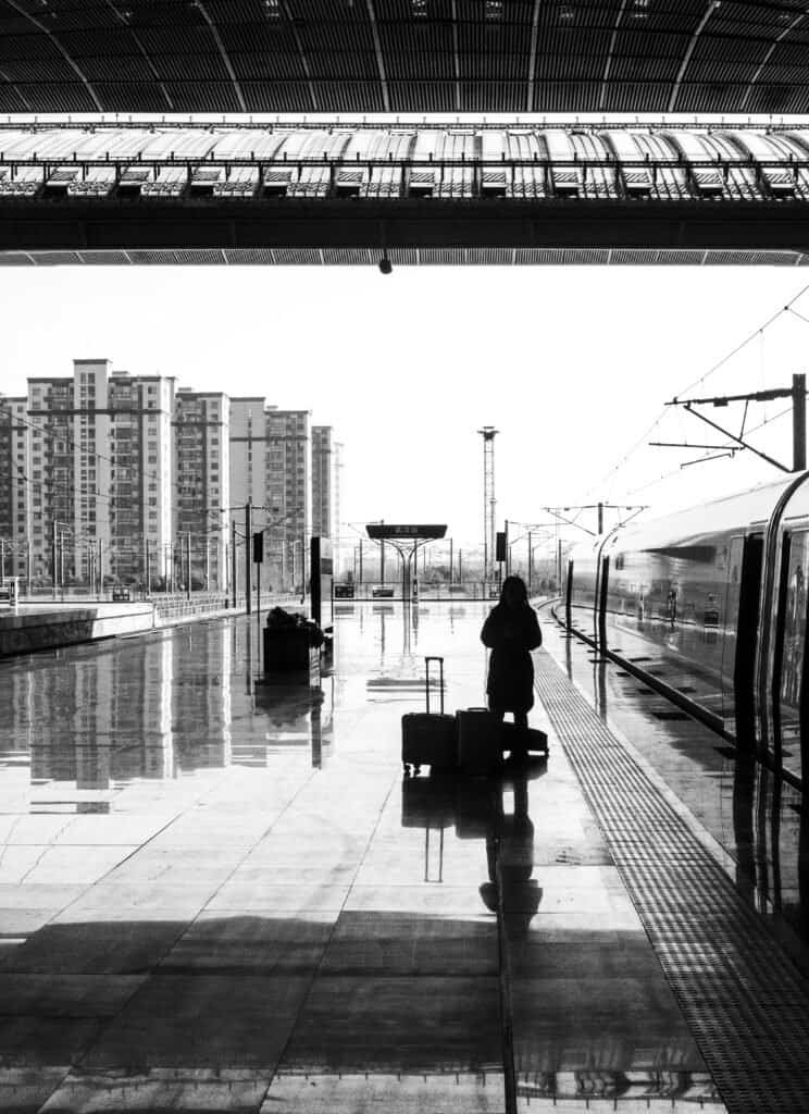 Countryside, black and white, china, train window platform, woman, roof