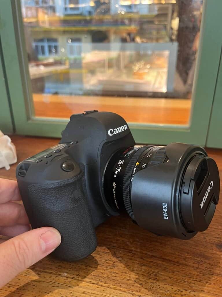 Front view of the canon d6 mark 1 control dial with lens Held in hand side on