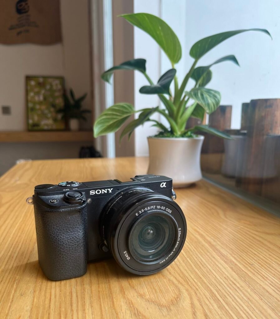 Sony A6300 on table with kit lens