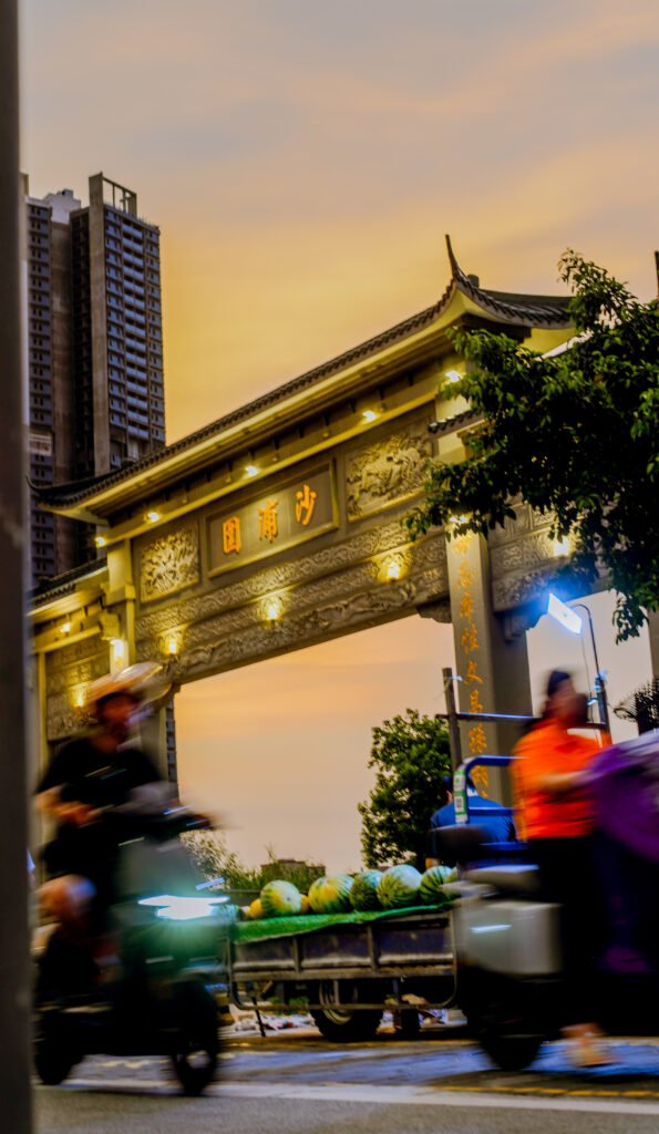 China shenzhen sunsets vendors sell bikes pass by in a blur taken on a Nikon d600